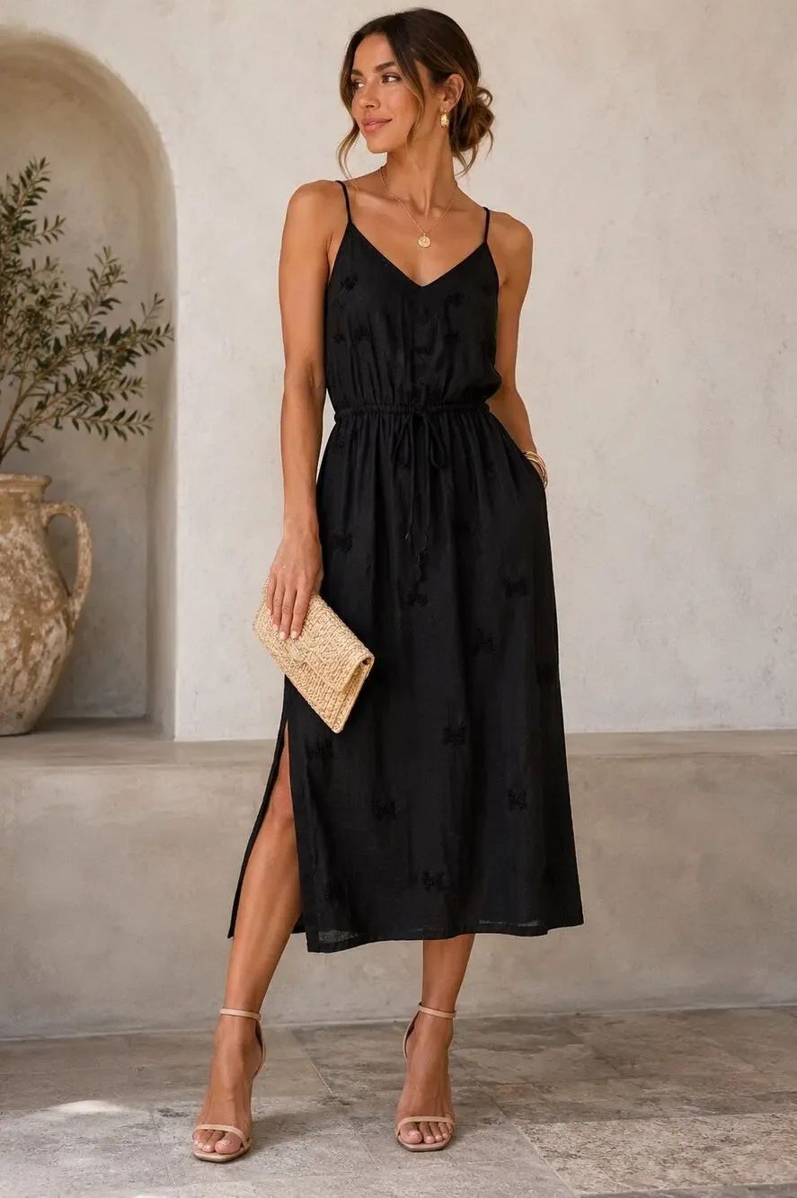 House of Harlow 1960 Black Embroidered Cotton Midi Dress Medium Boho Sleeveless